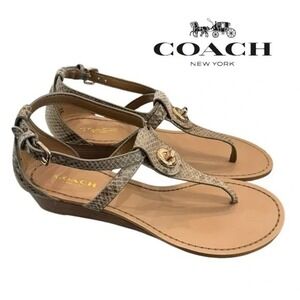 COACH Ingrid Natural Snake Print Leather Thong Wedge Sandals Women's Size 7.5B‎
